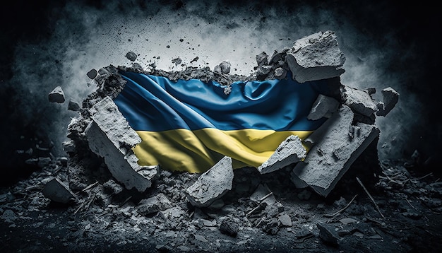 Bandera de Ucrania arruinada por IA generativa Bandera ucraniana sobre hormigón roto escombros rotos agrietados
