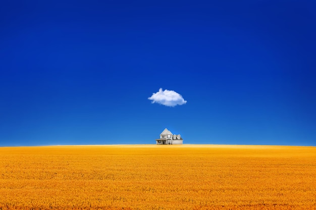 bandera de ucrania del campo de trigo amarillo cielo azul casa y nube concepto de guerra de ucrania