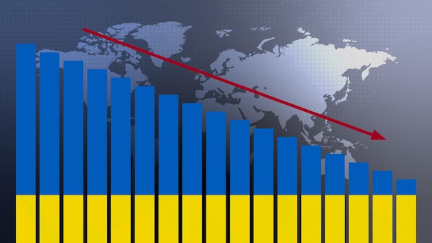 Bandera de ucrania en concepto de gráfico de barras con valores decrecientes concepto de crisis económica política conflictos concepto de guerra con bandera