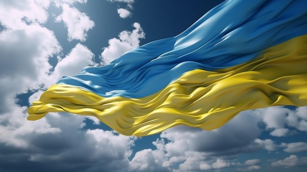 La bandera de ucrania ondea en el cielo.