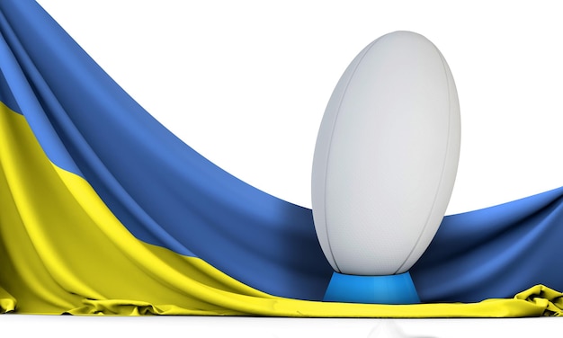 Bandera de Ucrania con pelota de deporte de rugby 3D Rendering