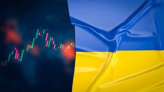 La bandera de Ucrania en la representación 3d de los antecedentes comerciales