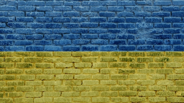 Bandera de Ucrania sobre fondo de pared de ladrillo en la calle de la ciudad Textura de ladrillos de piedra antigua exterior con banner ucraniano Concepto de relaciones diplomáticas internacionales