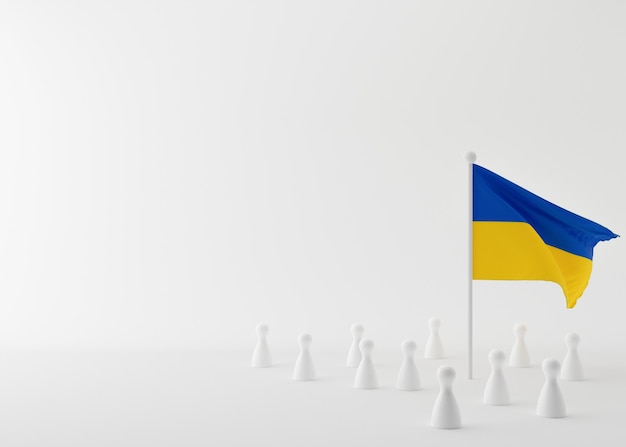 Bandera ucraniana y figuras de personas sobre fondo blanco Conflicto ucraniano ruso Guardar Ucrania Detener la guerra ataque militar y ocupación Soporte Espacio de copia libre para su representación de texto 3D