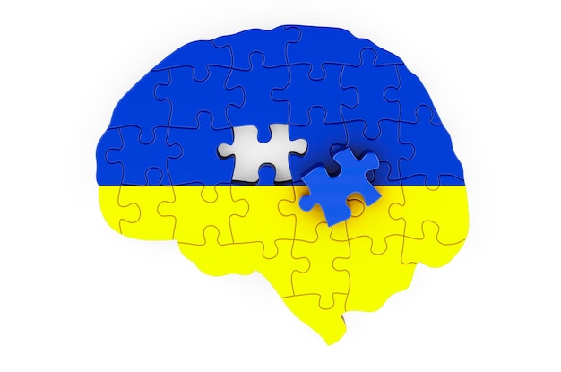 Bandera ucraniana pintada en el cerebro a partir de rompecabezas Investigación científica y educación en concepto de Ucrania representación 3D