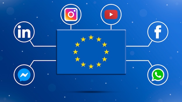 Bandera de la UE con logotipos de redes sociales 3d