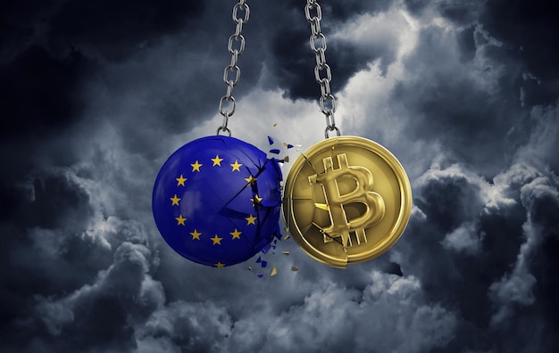 Bandera de la unión europea rompiendo en una moneda criptográfica de bitcoin de oro d renderizado