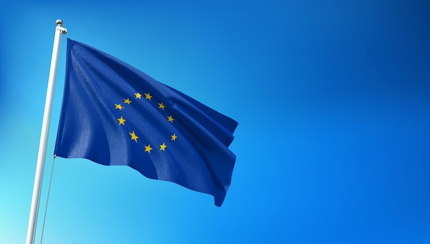 Bandera de la Unión Europea volando sobre fondo de cielo azul 3D Render