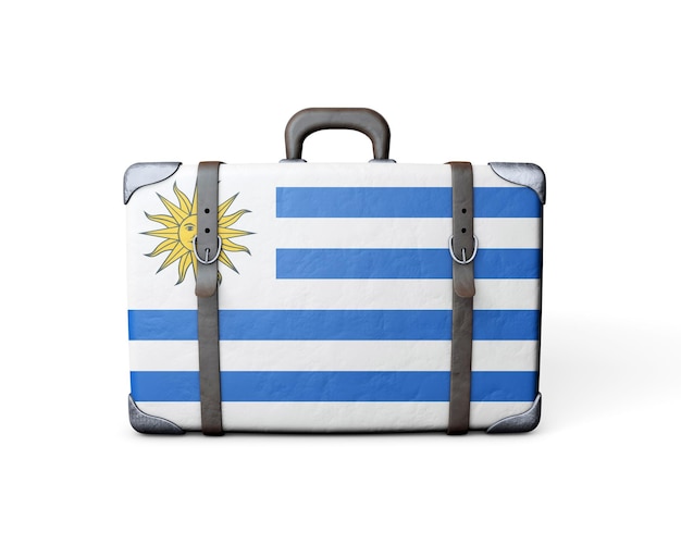 Bandera de Uruguay en una maleta de cuero vintage 3D Rendering