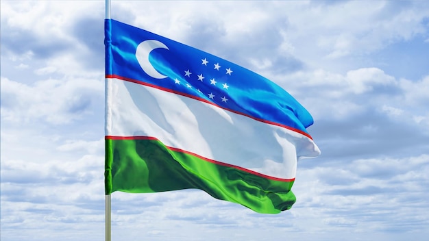 Bandera de Uzbekistán contra el cielo. Representación 3D.