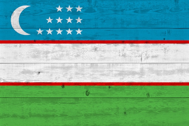 Bandera de Uzbekistán pintada en tablón de madera antiguo