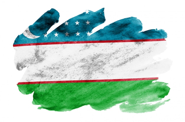 La bandera de Uzbekistán se representa en estilo líquido acuarela aislado en blanco