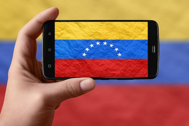 Bandera de Venezuela en la pantalla del teléfono Smartphone en mano fotografiando bandera
