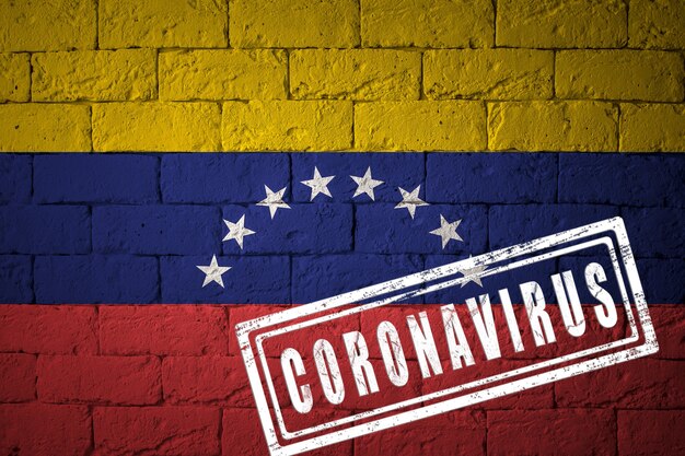 Bandera de la Venezuela con proporciones originales. estampado de Coronavirus. textura de la pared de ladrillo. Concepto de virus corona. Al borde de una pandemia COVID-19 o 2019-nCoV.