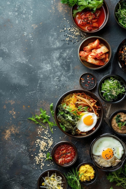 bandera vertical Día de la Fundación Nacional de Corea cocina nacional coreana platos tradicionales coreanos vista superior espacio de copia espacio libre para el texto