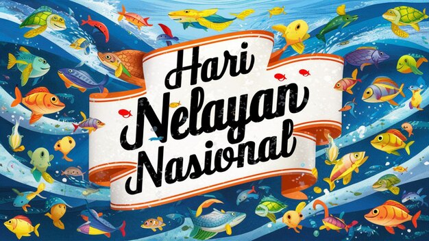 Foto una bandera vibrante y festiva adornada con las palabras hari nelayan nasional