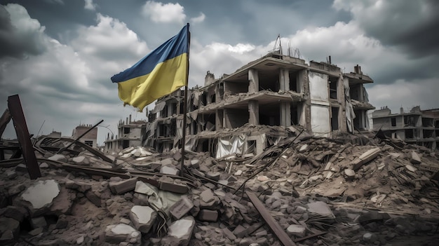 Bandera de la victoria de Ucrania sobre las ruinas de la ciudad y los edificios destruidos Generar AI