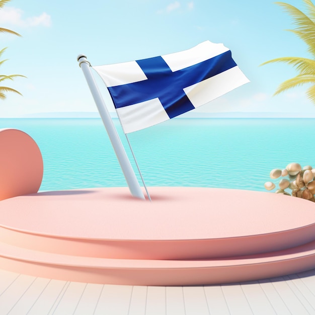 Bandera del viento de Finlandia en una imagen de fondo de podio pastel