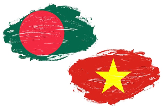 Bandera de vietnam y bangladesh juntas sobre un fondo de pincel de trazo blanco