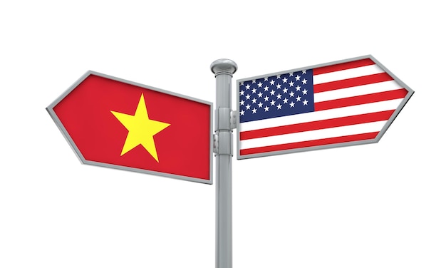 Bandera de Vietnam y Estados Unidos moviéndose en diferentes direcciones 3D Rendering