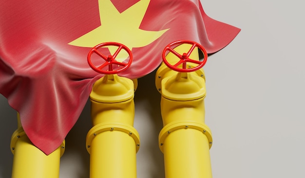 Bandera de Vietnam que cubre una línea de tubería de combustible de petróleo y gas Concepto de la industria petrolera Representación 3D