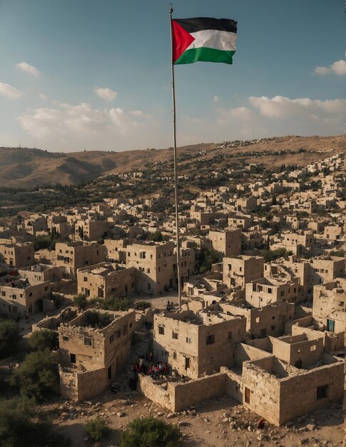 Foto una bandera está volando sobre un pueblo con un fondo de cielo