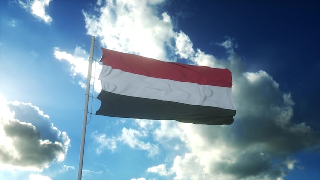 Foto bandera de yemen ondeando en el viento contra el hermoso cielo azul ilustración 3d