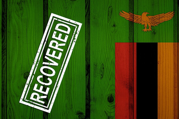 Bandera de Zambia que sobrevivió o se recuperó de las infecciones de la epidemia del coronavirus o coronavirus. Bandera de grunge con sello recuperado