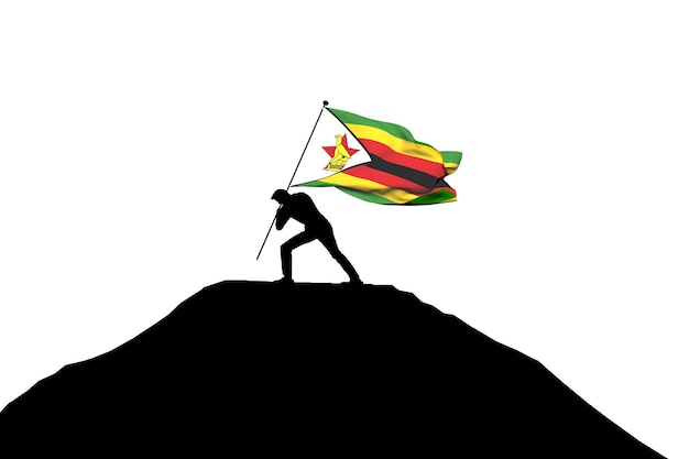 Bandera de Zimbabue empujada hacia la cima de la montaña por una silueta masculina 3D Rendering