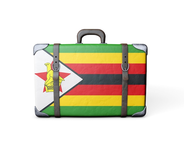 Bandera de Zimbabue en una maleta de cuero vintage 3D Rendering