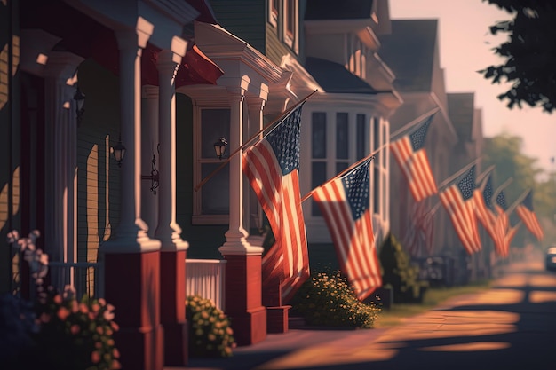 Banderas americanas colgadas en la calle para la fiesta nacional de EE. UU. AI generativa