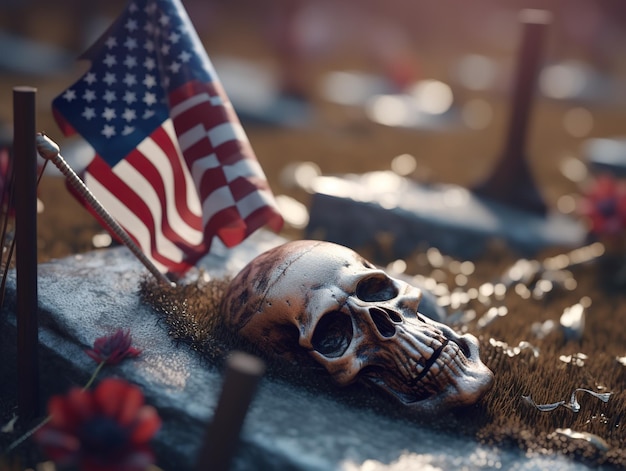 Banderas americanas en una tumba en el cementerio