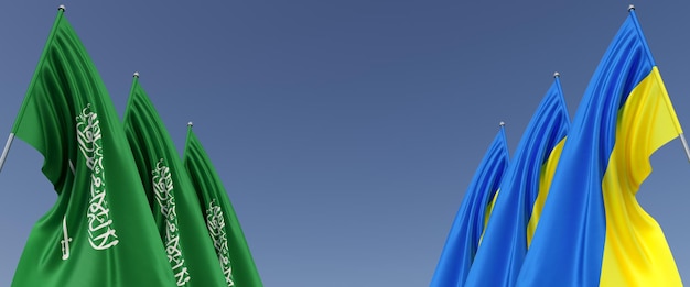 Banderas de Arabia Saudita y Ucrania en astas de bandera a los lados Banderas en un fondo azul Lugar para texto Independiente libre Ucrania Riyadh Commonwealth Ilustración 3D