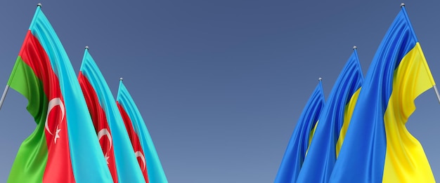 Banderas de Azerbaiyán y Ucrania en astas de bandera a los lados Banderas sobre un fondo azul Lugar para el texto Bandera de Azerbaiyán de Ucrania libre independiente Ilustración 3D de la Commonwealth