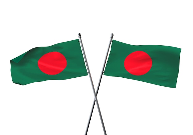Banderas de Bangladesh cruzadas aisladas sobre un fondo blanco representación d