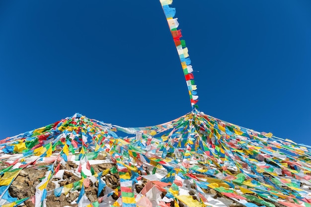 Las banderas del caballo de viento en la montaña nevada tibetana, el símbolo de la armonía entre el cielo, la tierra, los seres humanos y los animales.