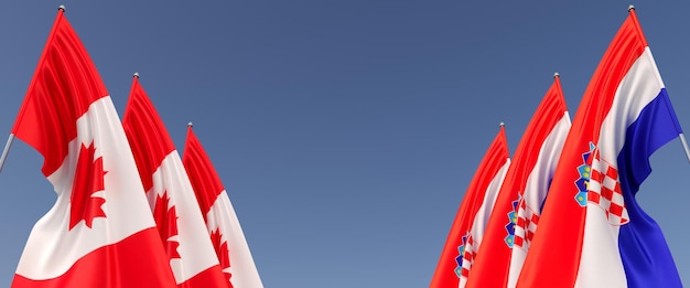 Banderas de Canadá y Croacia en astas de bandera en los lados sobre un fondo azul Lugar para el texto Seis banderas Ottawa maple Zagreb 3d ilustración