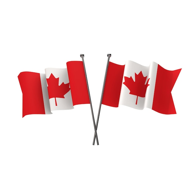 Banderas de Canadá cruzadas aisladas sobre un fondo blanco 3D Rendering