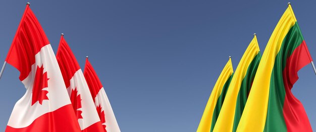 Banderas de Canadá y Lituania en astas de bandera en los lados sobre un fondo azul Lugar para el texto Seis banderas Ottawa maple Vilnius 3d ilustración