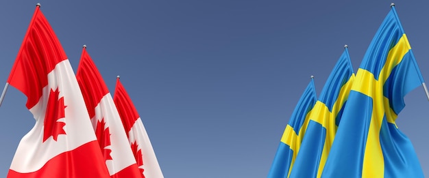 Banderas de Canadá y Suecia en astas de bandera en los lados Banderas sobre un fondo azul Lugar para el texto Ilustración 3d canadiense de Ottawa sueco