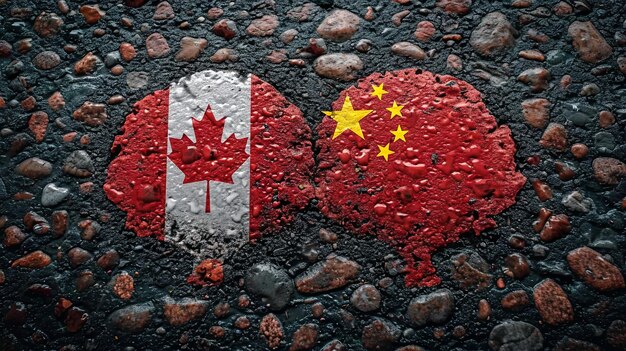 Banderas canadienses y chinas pintadas en el pavimento húmedo que simbolizan las relaciones internacionales