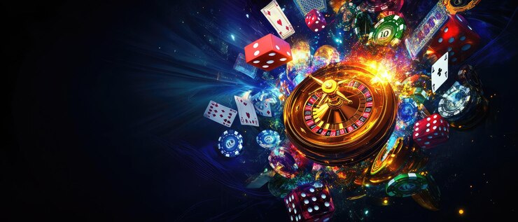 Banderas de casino brillantes con fichas de póquer, cartas de juego, dados y máquinas tragamonedas, juegos de azar vibrantes.