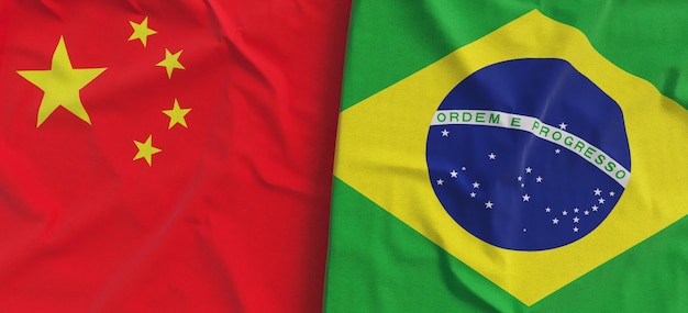 Banderas de China y Brasil Primer plano de la bandera de lino Bandera hecha de lienzo Bandera china Beijing Símbolos nacionales del estado brasileño Ilustración 3d