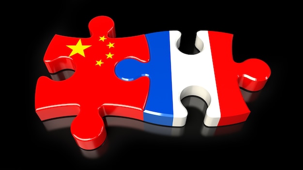 Banderas de China y Francia en piezas de un rompecabezas. Concepto de relación política. Representación 3D