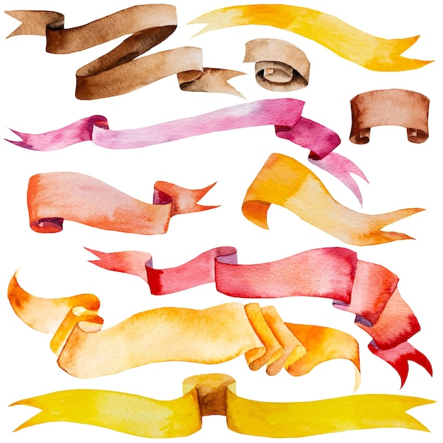 Banderas de color rosa, rojo, amarillo y naranja vintage con espacio de copia aislado en blanco. Cinta de acuarela Elementos de ilustración dibujados a mano para papelería de vacaciones y bodas, tarjetas de felicitación