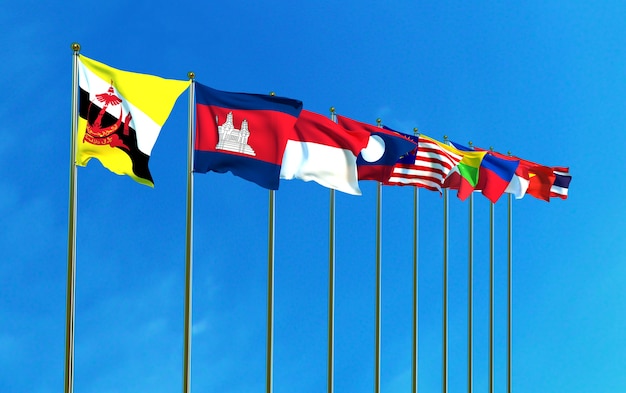 Banderas de la Comunidad Económica ASEAN en el fondo del cielo azul