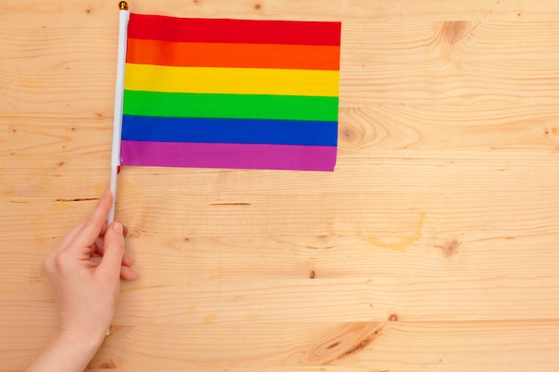 Banderas de la comunidad LGBT en una mano