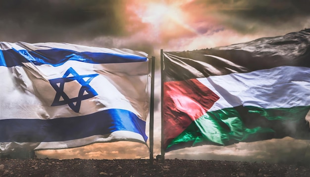 Banderas en conflicto Israel y Palestina en un conmovedor enfrentamiento político