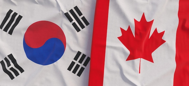 Banderas de Corea del Sur y Canadá Primer plano de la bandera de lino Bandera hecha de lienzo Coreano Seúl Estado canadiense Símbolos nacionales Ilustración 3d