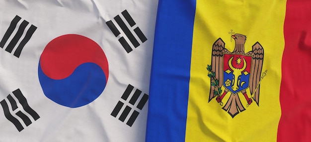 Banderas de Corea del Sur y Moldavia Primer plano de la bandera de lino Bandera hecha de lienzo Corea Seúl Moldavia Estado símbolos nacionales 3d ilustración